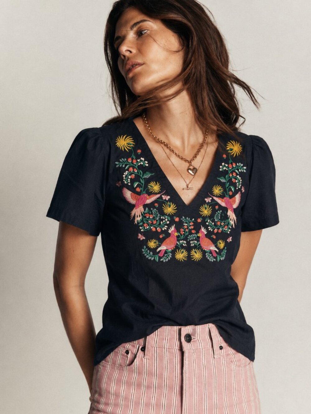 Boden Navy Linen Embroidered V-Neck Top with Pink Bird Motif Size UK 10/US 6